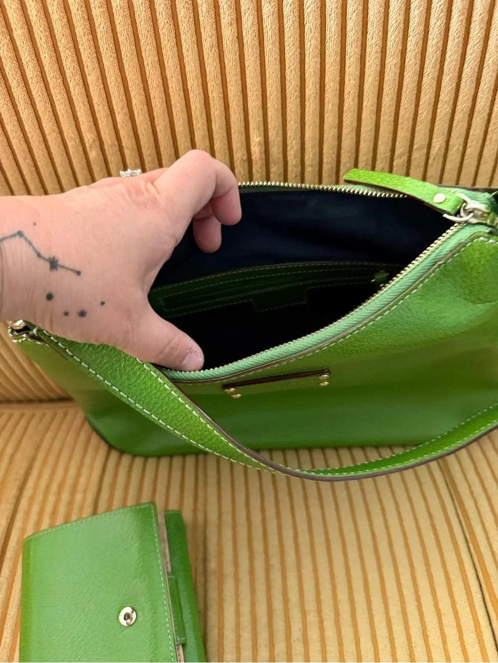 Green Leather Shoulder Bag with Matching Wallet